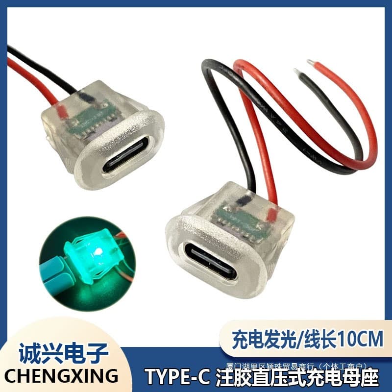 Type-C 2P injection-molded straight-press female socket, transparent with LED, oval charging port for automotive and electric vehicle connectors