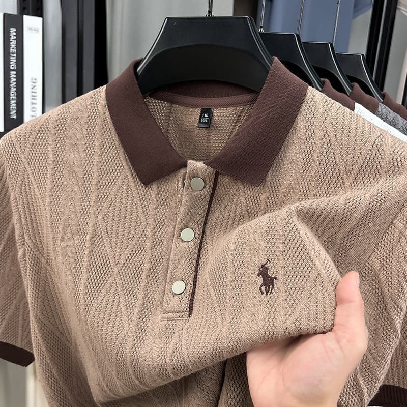 2026 Summer Knitted Short Sleeve Men's New Arrival Middle-Aged Korean Fashion Sweater Collar Jacquard Embroidery Top