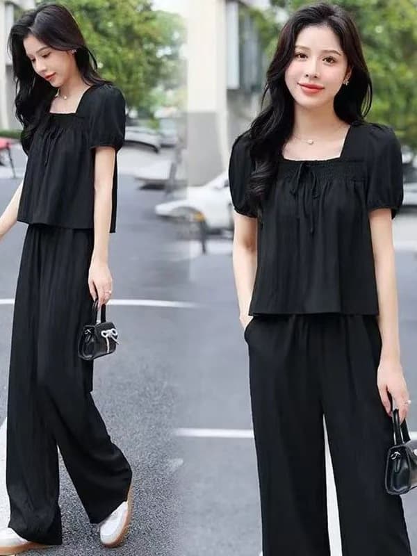 New Fashion Summer 2025 Elegant Puff Sleeve Blouse Versatile Slimming Wide-Leg Pants Two-Piece Set Age-Defying Outfit