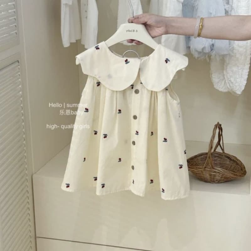 Girls Summer Beige Embroidered Cherry Dress Baby Doll Collar Vest Dress A-Line Loose Fashion Dress