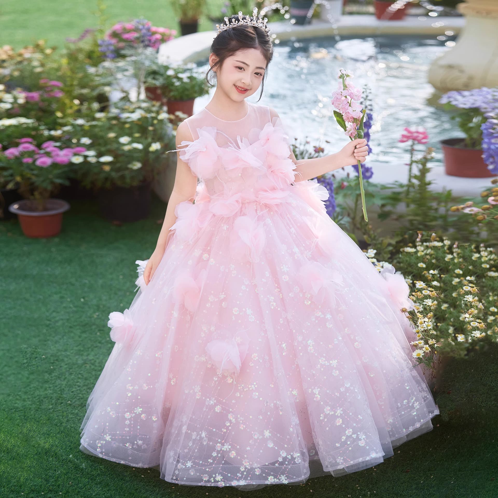 Girls Pink Birthday Dress Princess Gown Light Luxury Fairy Sweet Children Stage Performance Hosting Tutu Skirt