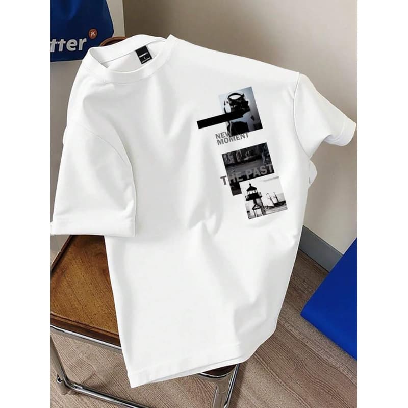 EU Size Pure Cotton Unisex "" "" Black & White Collage Design Round Neck
