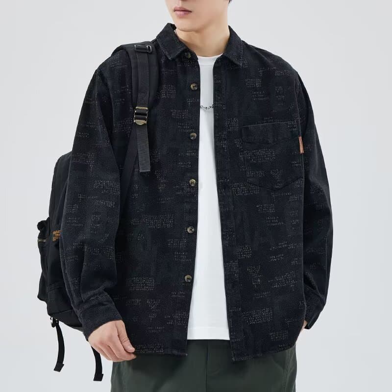 American retro washed jacquard heavyweight denim shirt men's loose plus fat plus fat all-match casual jacket