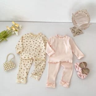 Girls Ins-Style Breathable Loungewear Floral Ribbed Ruffle Collar Top + Lace Bow Leggings
