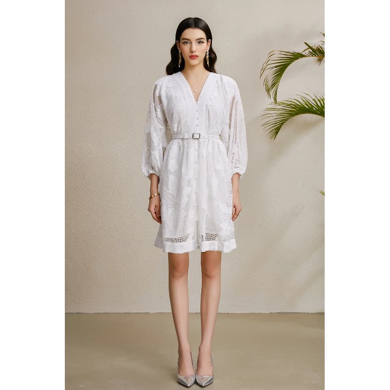 European and American Cross-border Women's Dress 2025 New Fashion V-Neck Lantern Sleeve Single-Breasted Waist-Cinching Hooked Lace Mesh Skirt