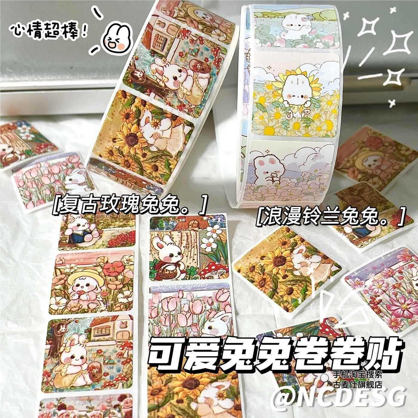 Retro Rose Manor Bunny Roll Stickers, Lily of the Valley Bunny Sealing Stickers, Romantic Journaling Material, Cute Whole Roll Decoration