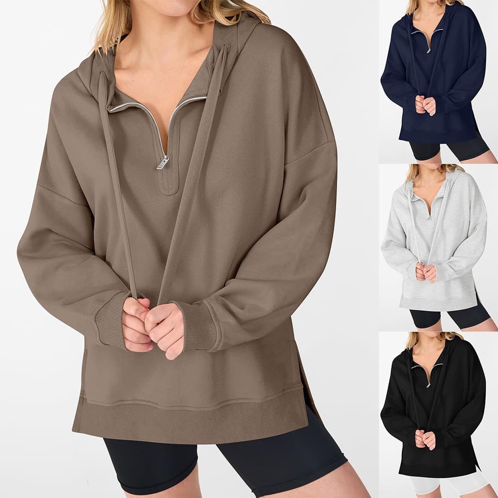 2026 Fall/Winter New European and American Cross-Border TK Women's Half-Zip Casual Loose Long Sleeve Hoodie
