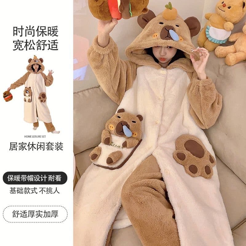 Women's Winter Coral Fleece Thickened Warm Hooded Bathrobe Pajamas, Ladies' Autumn and Winter Loungewear Set