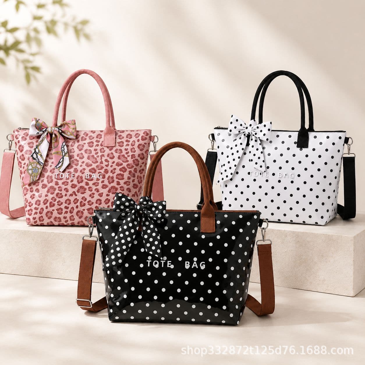 Cross-Border PVC Polka Dot Tote Bag for Women, Large Capacity Leopard Print Crossbody Handbag with Bow and Silk Scarf Decoration for Commuting