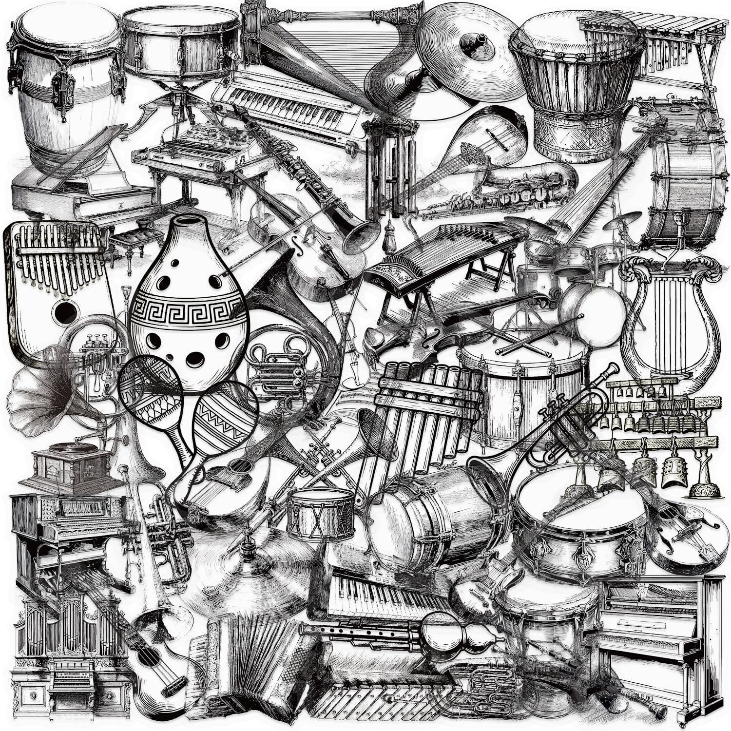50 Black and White Musical Instrument Creative PET Graffiti Stickers for DIY Phone Case, Journal, Laptop Decoration Gift