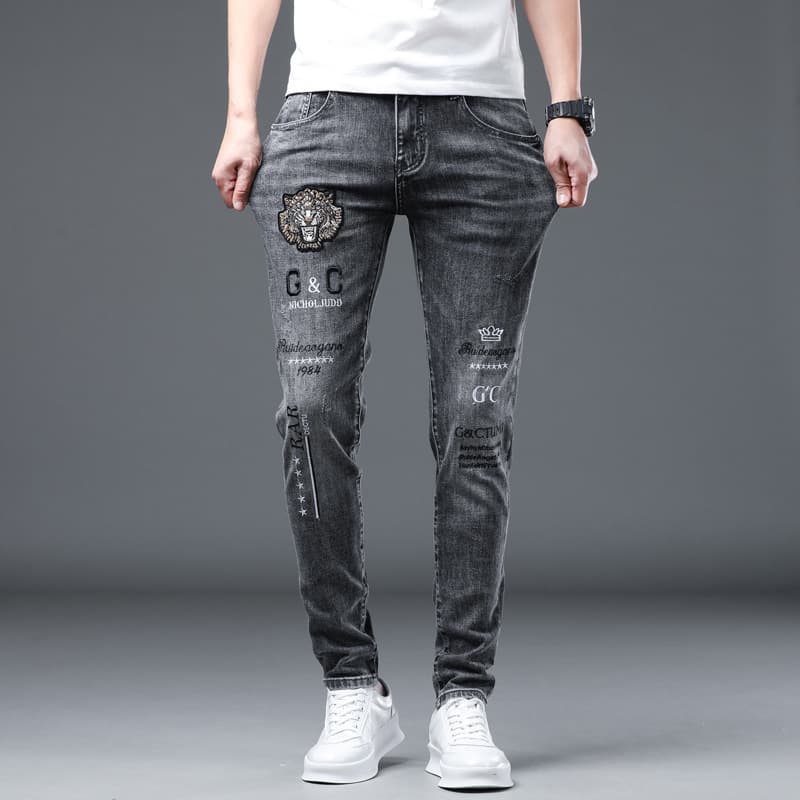 Trendy Printed Casual Jeans Men's Elastic Slim Fit Pants Fashionable Stretch Denim Trousers mid Waist Zipper Pocket Detail