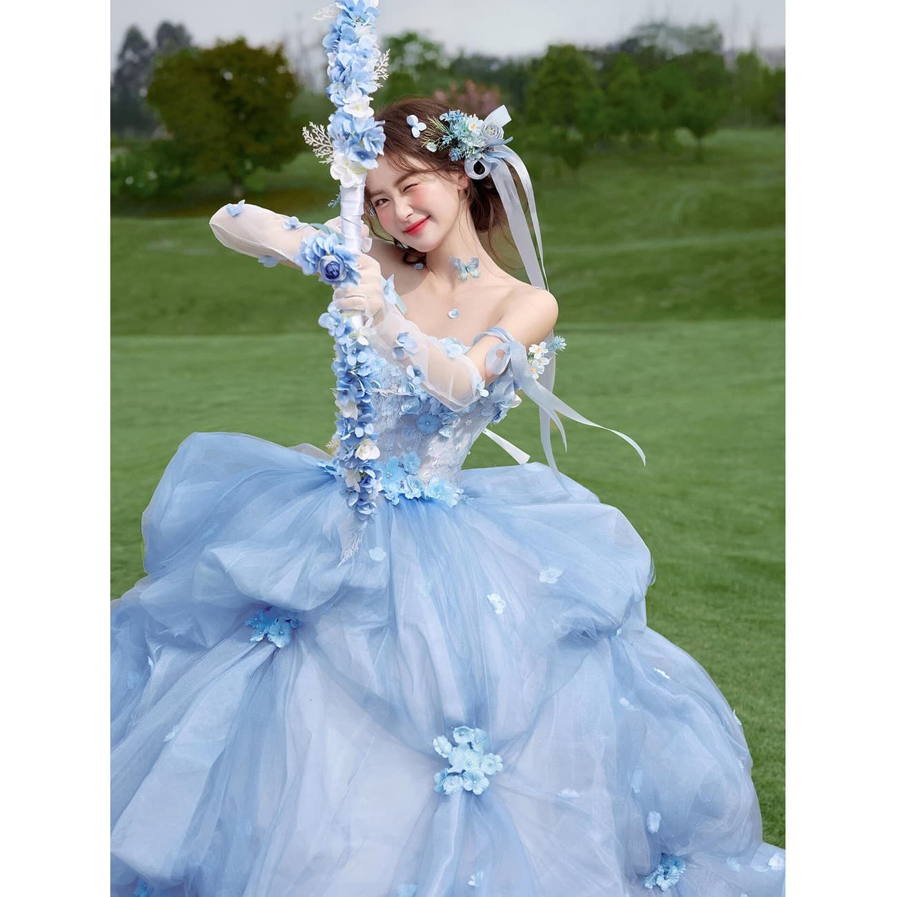 Blue Fantasy Wedding Photo Studio Photo Theme Clothing Outdoor Photo Photography Tube Top Dress Outdoor Travel Photo Color Gauze