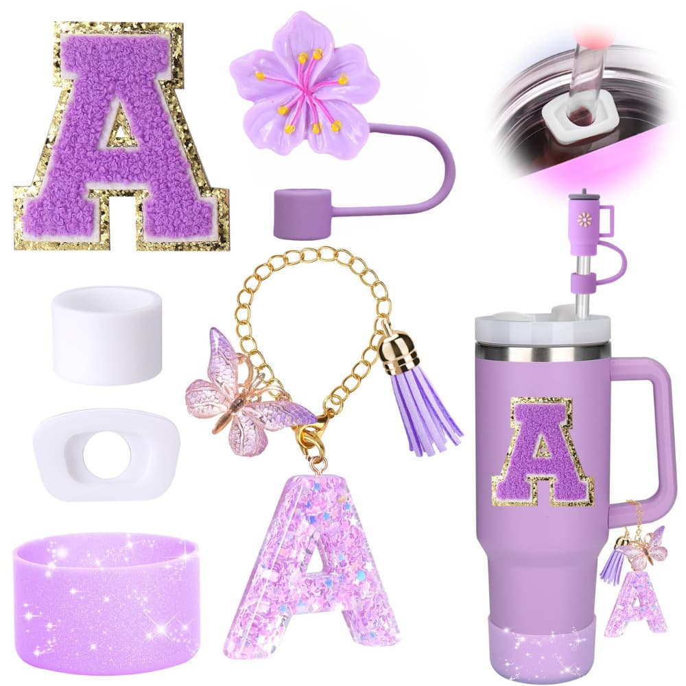 Cross-border Creative Resin Flower Straw Cap Sequin Butterfly Tassel Cup Chain Letter Sticker Silicone Glitter Purple Cup Sleeve