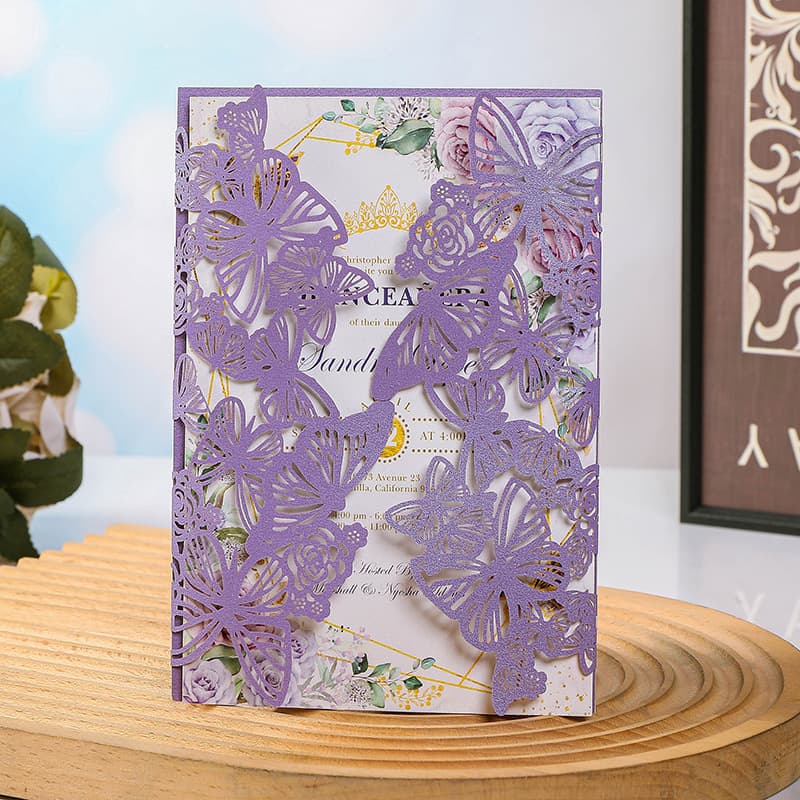 Wedding Laser Cut Invitation Covers Hollow-out Valentine's Day Butterfly Flower Purple Greeting Cards Invitation Covers Wholesale