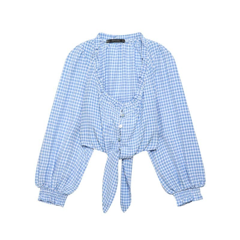 Cross-Border Trade European and American Design Sense Niche French Girly Retro Plaid Shirt for Women Spring Side Splicing Collar Shirt