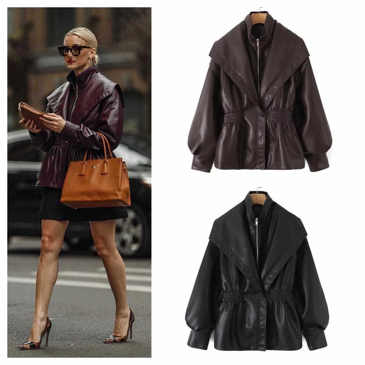 Cross-Border Spring/Autumn European and American Style Women's Fashion Notch Collar Puff Sleeve Faux Leather Jacket in Reddish Brown and Black