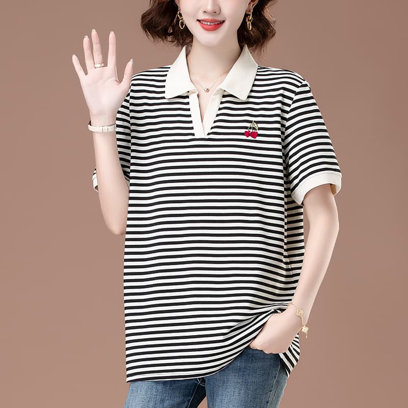 Plus Size Striped Short Sleeve T-Shirt for Women, Summer, Guifuren Brand, Middle-aged Mother Loose Turn-down Collar Top, Plus Size