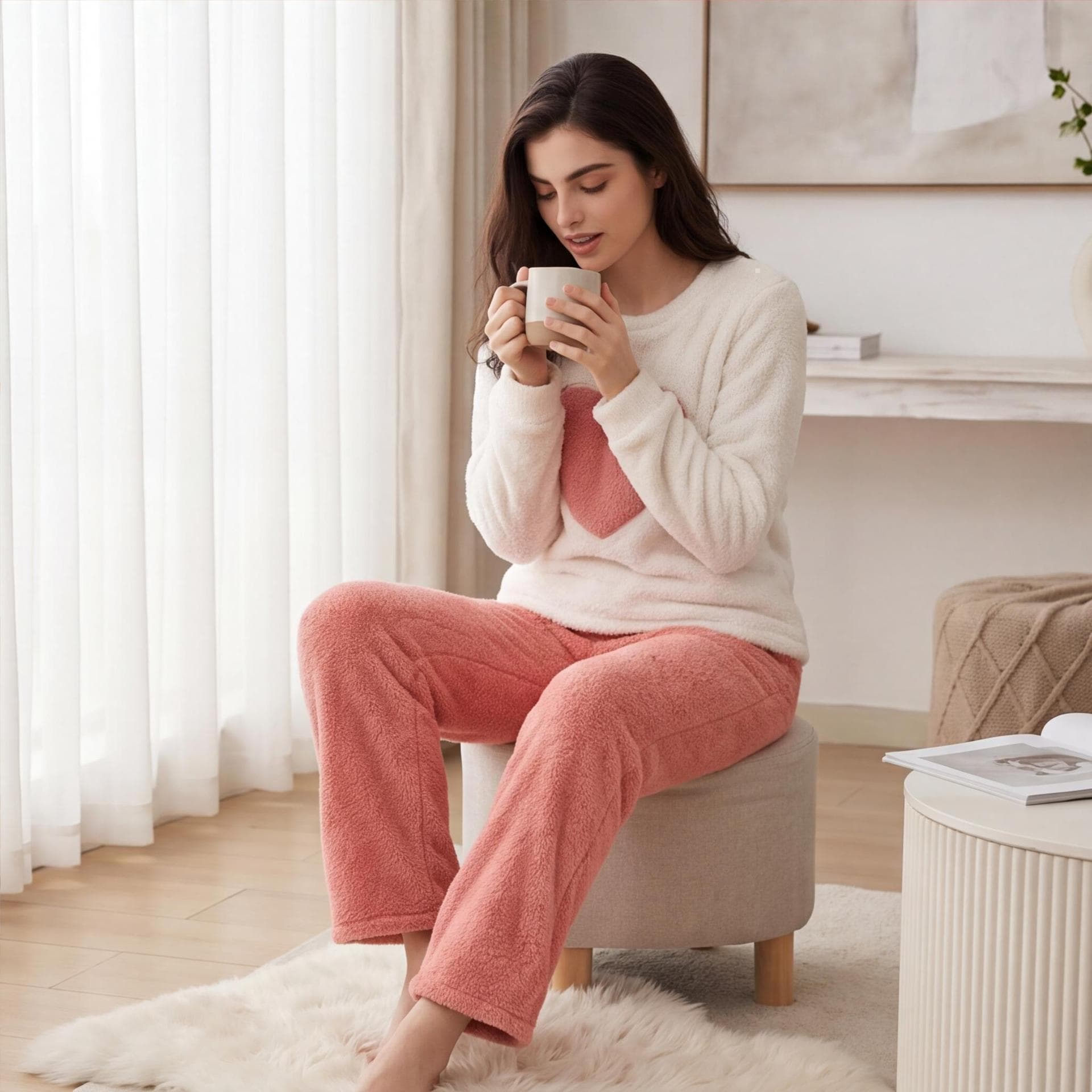 Cross-border Pajamas for Women Winter Thick Fleece Long Sleeve Long Pants Loose Sweet Homewear Heart Print Warm Two-Piece Set