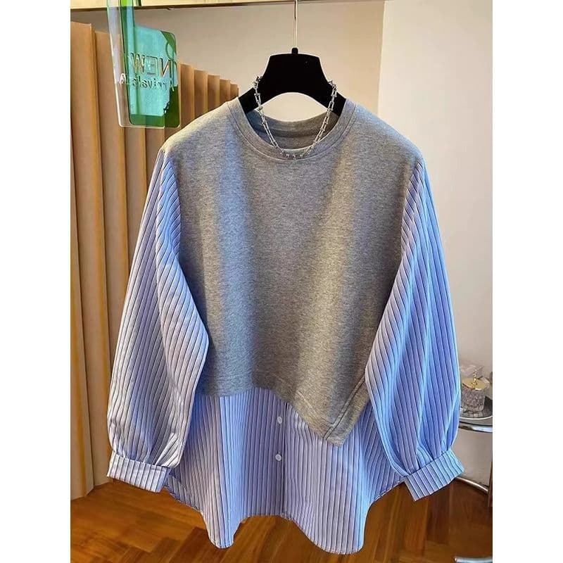 Plus Size Korean Striped Design Crew Neck Sweatshirt for Women, Early Spring New Arrival, Faux Layered Shirt Stitching