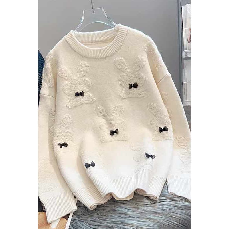 Women's Loose-Fit Base Knit Sweater, Round Neck, New Fashion with Little Rabbit and Bow, Winter Trendy Knit Top