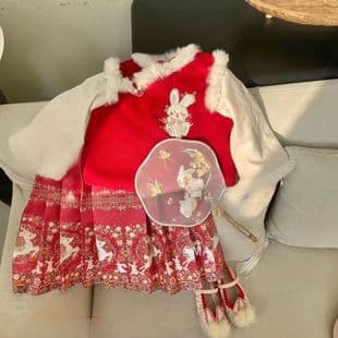 Ankora Red Girls Chinese Elements New Chinese Style Embroidery Hanfu Girls New Year Horse Face Skirt 2024 New Year Dress