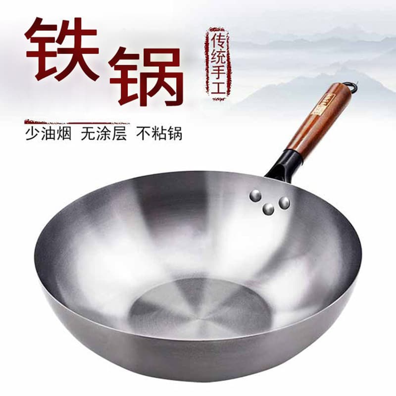 Zhangqiu Traditional Iron Wok Cross-border Home Use Round Bottom Stir-fry Pan Set, Universal Flat Bottom Street Stall Fire-treated Iron Pan