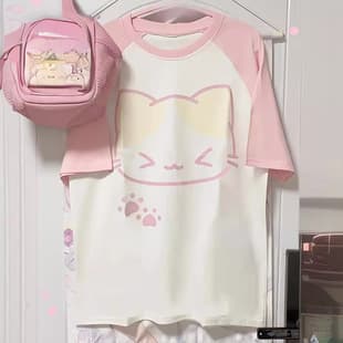 Y2K Summer Women's Casual Kawaii Cute Pink White Cat Print Top
