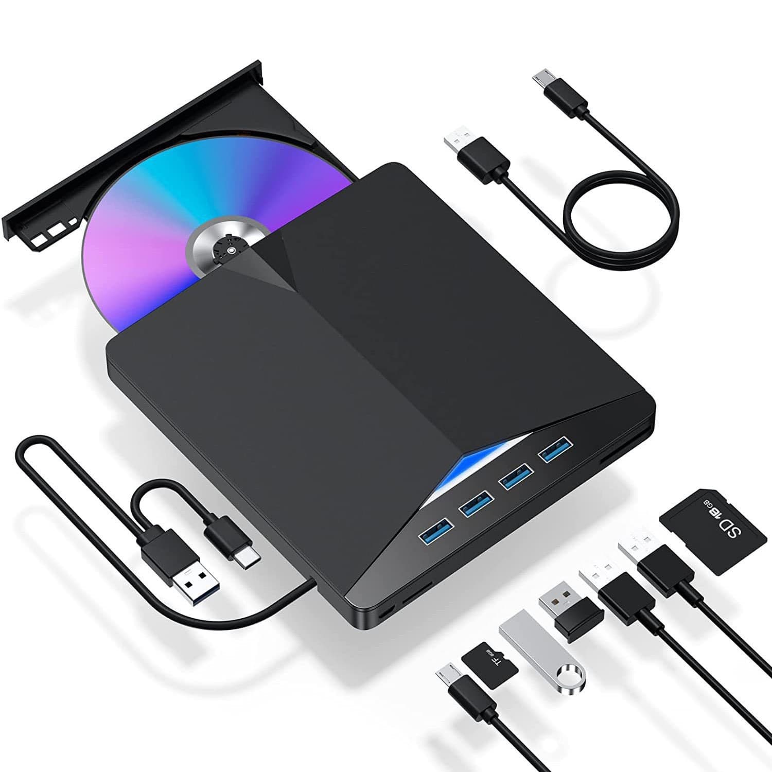 Multi-functional external optical drive/DVD burner with 7-in-1 USB/TYPE interface for connecting USB flash drives
