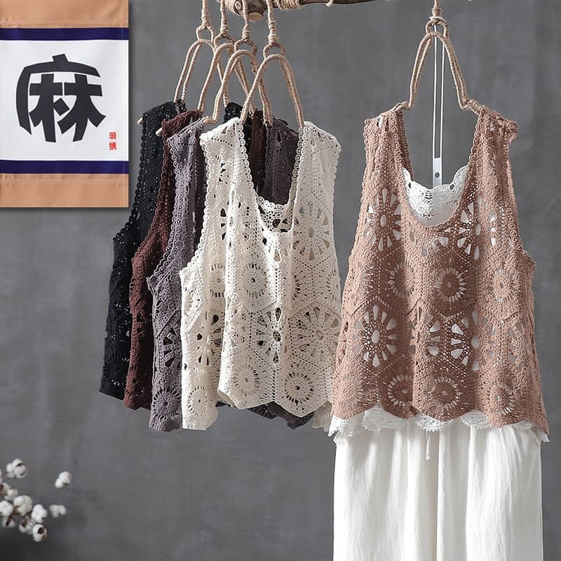 2023 Early Spring New Loose-fitting European Style Hollow-out Vest, Plus Size Sleeveless Pullover Vest for Slimming Top
