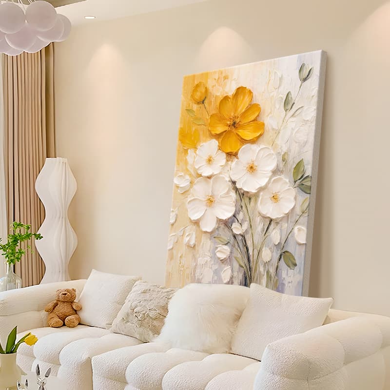 Abstract Floral Hand-Painted Oil Painting with Thick Texture, Cream-Style Entryway Wall Art, Large Floor-Standing Decorative Painting for Living Room and Dining Room