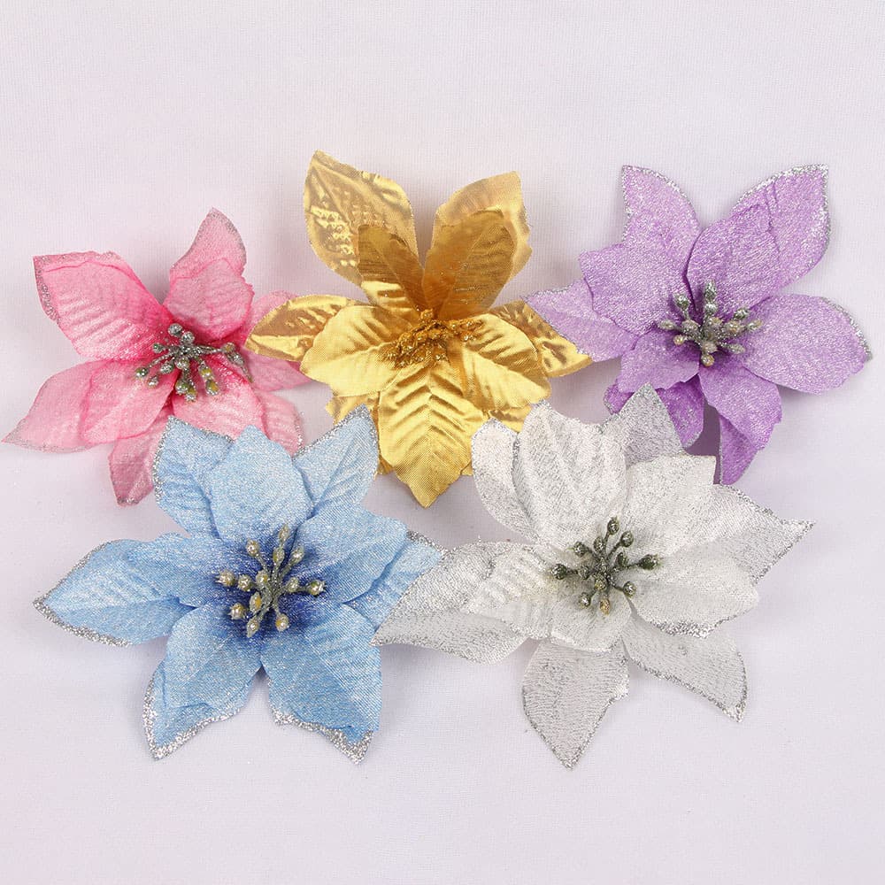 Christmas Gold Glitter Poinsettia Silver Christmas Tree Decoration Artificial Flowers Christmas Wreath Accessories Gold Edge Christmas Fake Flowers