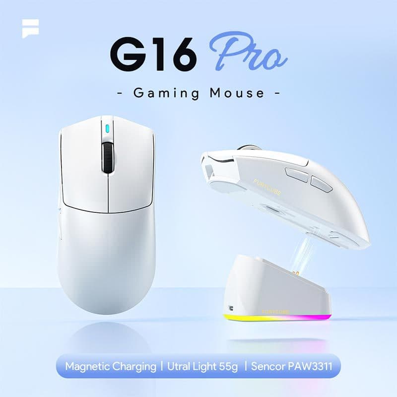 FURYCUBE Lightweight G16 Pro Tri-Mode Wireless Mouse Large Hand PAW3311 Gaming with Charging Dock