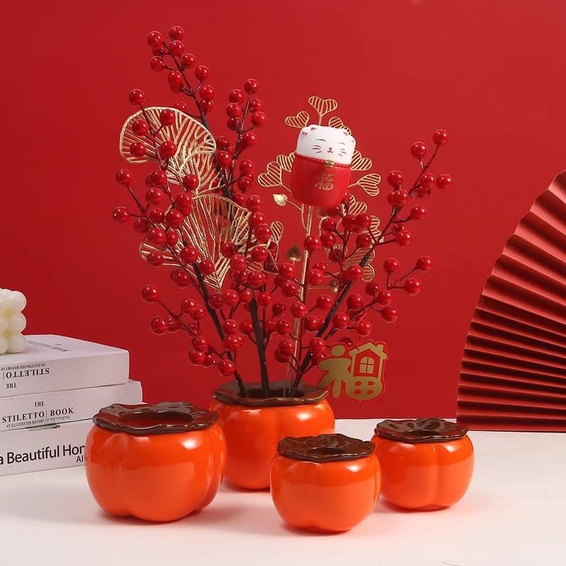 Imitation Ceramic Persimmon Flowerpot Decor, Festive "Everything Goes Well" Pot, New Chinese Style Plastic Planter for Housewarming