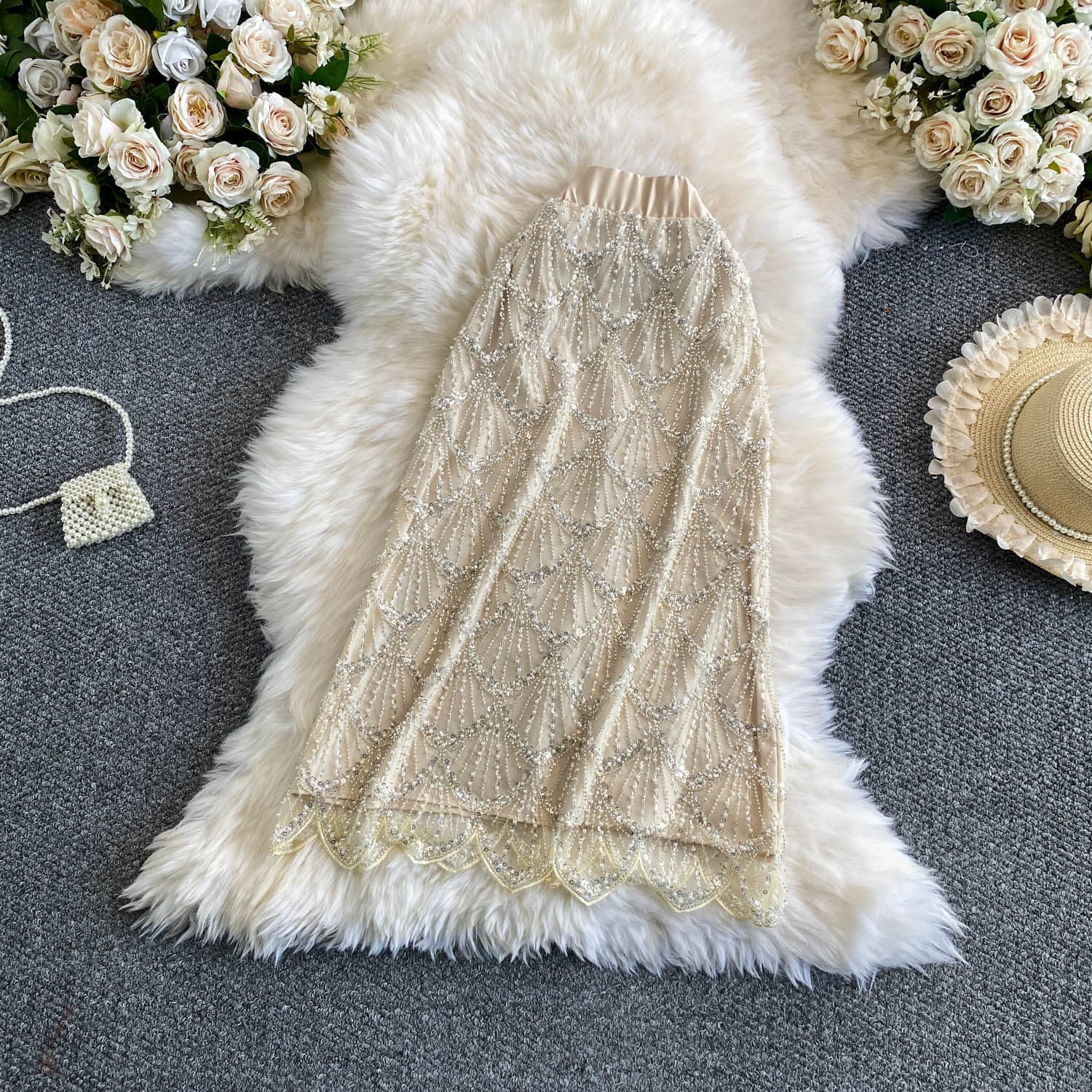 Carefully selected heavy industry beaded sequined skirt for women 2026 new high-end sense celebrity goddess party age reduction mesh straight