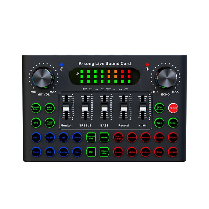 f007c English Version Compact Desktop Singing Sound Card, Multi-Language Export Mixer Audio Console