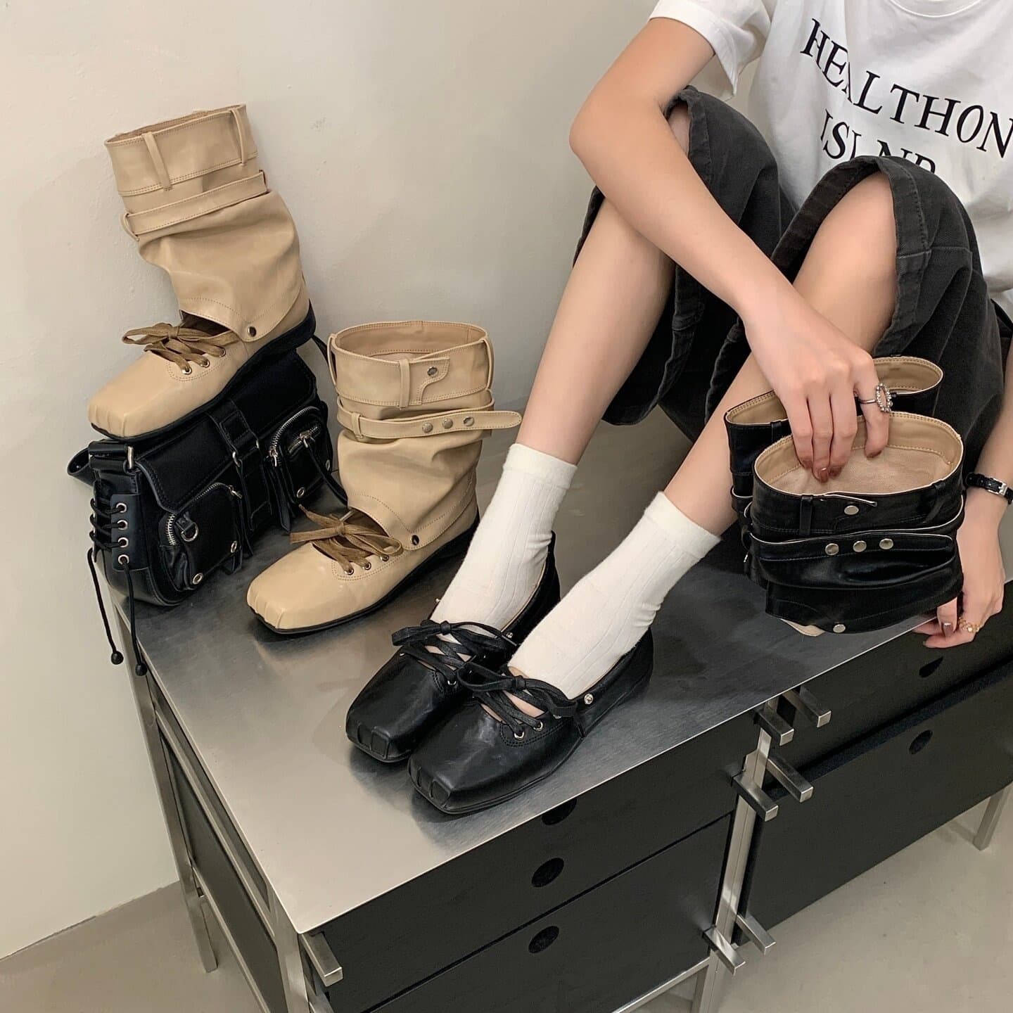 Yumeida Square Toe Ballet Style Boots for Summer Dresses 2026 Sweet Cool Detachable Two-Way Stack