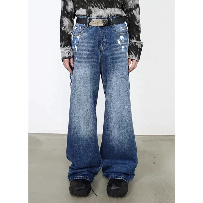 Trendy Chinese-style Design Graffiti Jeans for Men, Ins American High-Street Vintage Print Loose Pants, Couple Fashion