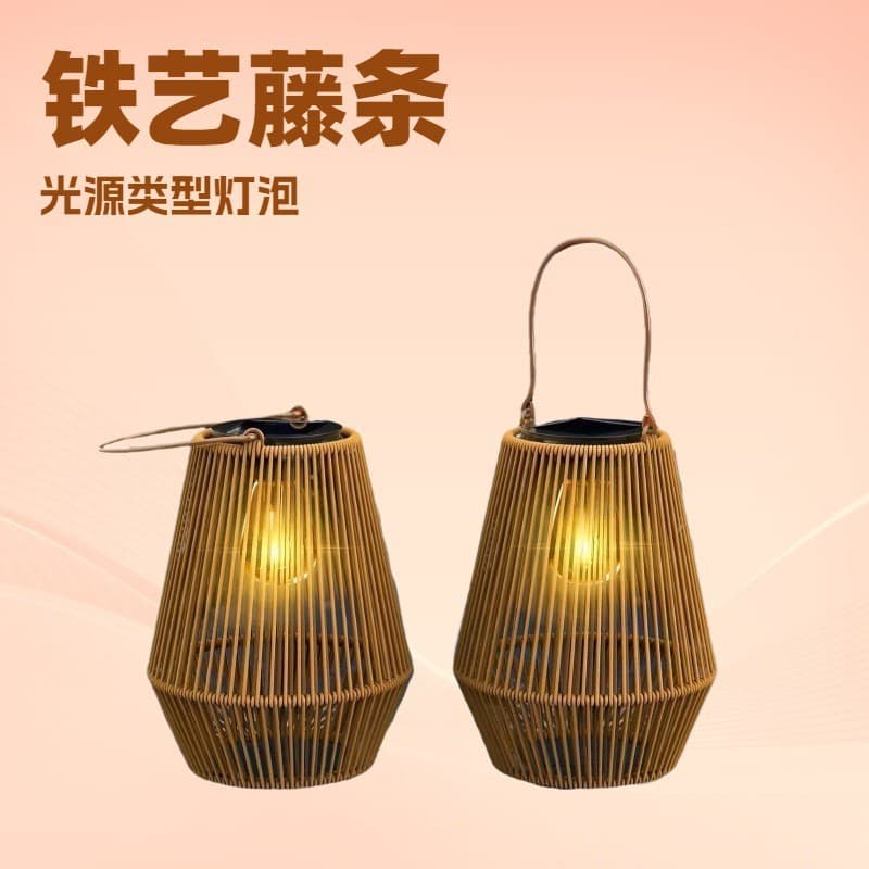 Cross-border Hot-selling Solar Rattan Lantern Courtyard Decoration Landscape Feature Chinese Style Portable Lantern Plastic Handmade Rattan Lamp