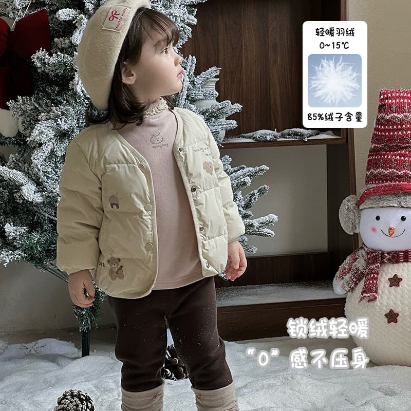 Girls' Down Inner Layer, Class A, Autumn/Winter Style, Baby Girl Cartoon Print White Duck Down Jacket, Infant Thickened Warm Clothing