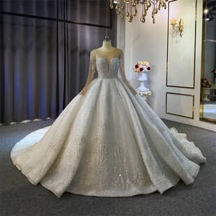 2026 Amazon New Foreign Trade Wedding Dress African Cross-Border Bride Deep V Lace Pearl Long Sleeve Puffy Dress