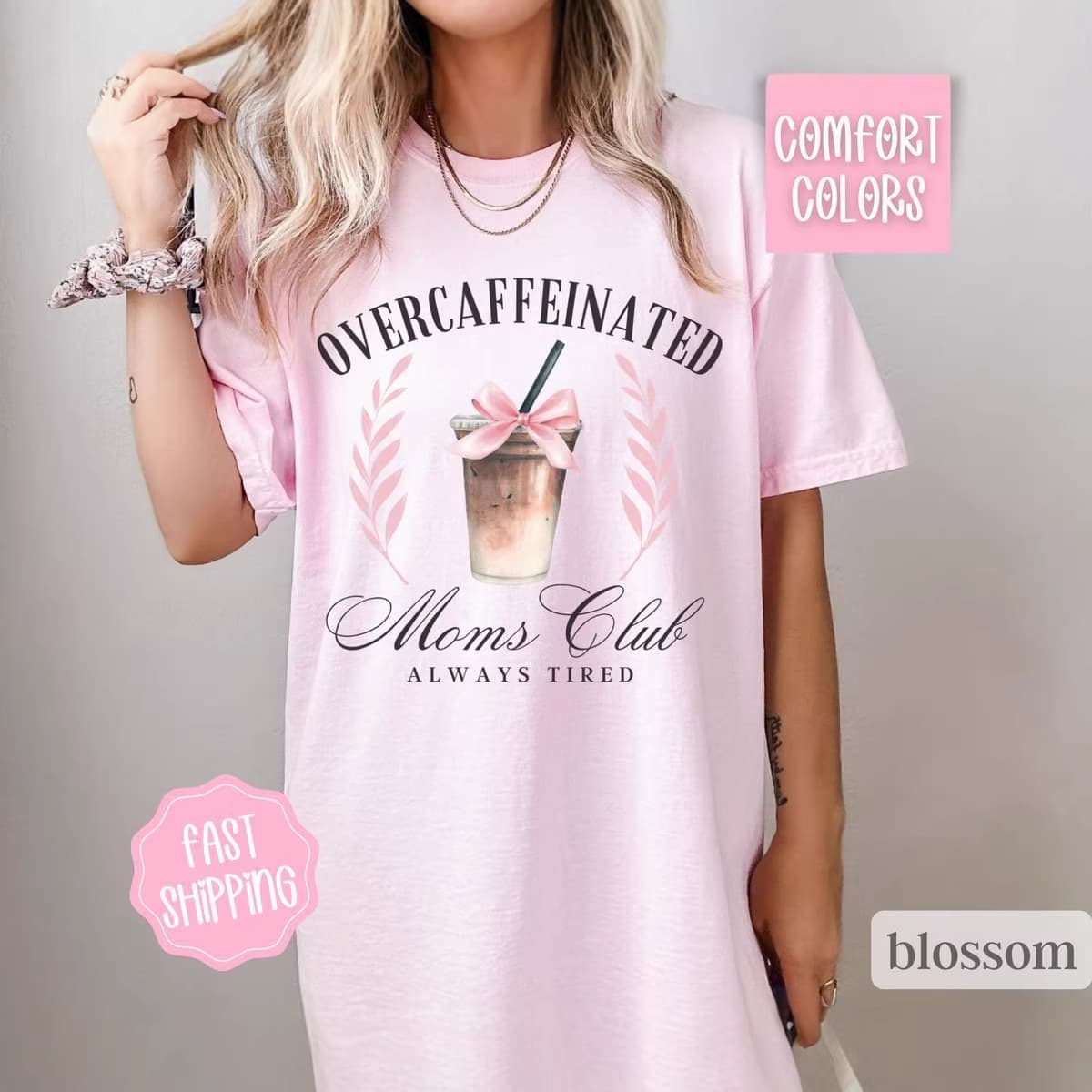 Cross-border European size pure cotton Overcaffeinated Moms Club coffee cup printed T-shirt trendy wear