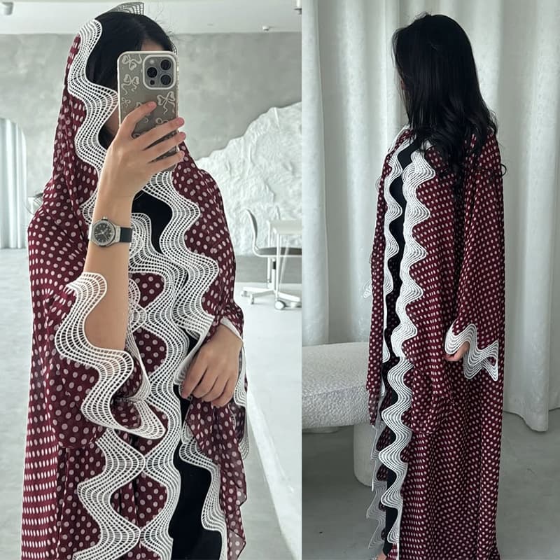 MQ297 Modest Fashion Red Polka Dot Chiffon Print Patchwork Ruffle Trim Two-Piece Set with Headband