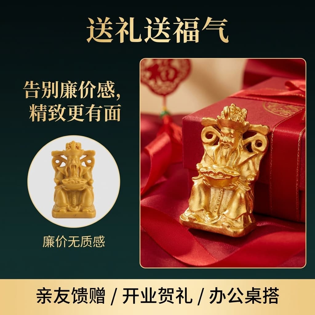 Cross-Border Exclusive Supply of Alloy Mini Wealth God Figurines in Gold Color for Attracting Wealth and Treasure, Suitable for Car Dashboard and Desktop Decorations