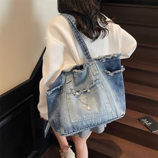 Korean Retro Tote Bag Large Capacity Relaxed Casual Denim Bag Comfortable Durable Versatile Commuter Shoulder Bag