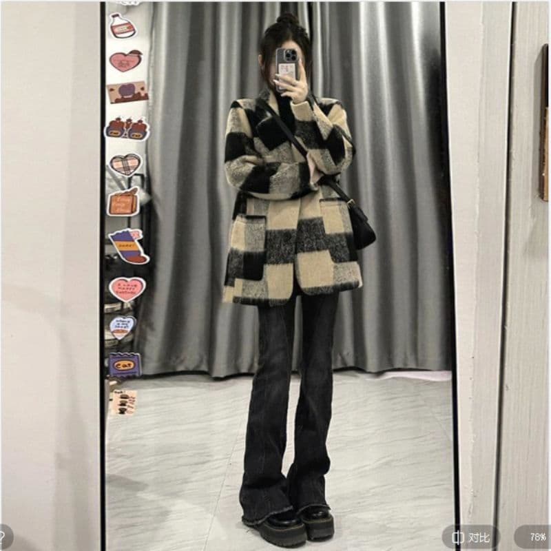 Retro Check Wool Coat Women's Autumn/Winter New Style Chic Loose Slimming Elegant Wool Blazer Trendy