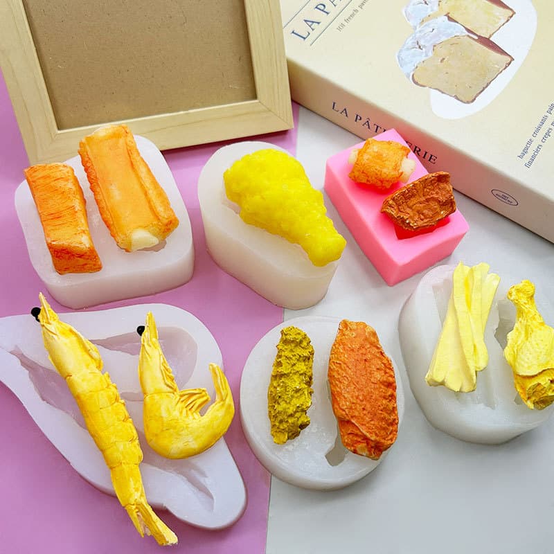 Simulated ribs, salmon, shrimp, fried chicken legs, French fries, silicone mold, chocolate wax bottle, sugar gypsum soap mold