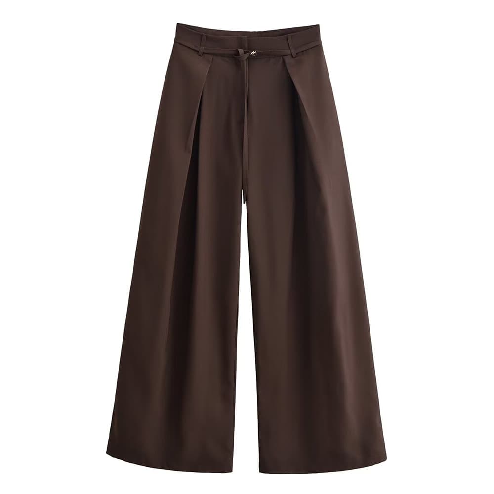 European and American 2025 Autumn New Women's Casual Elegant Simple High-Waist Pleated Loose Long Pants with Thin Belt