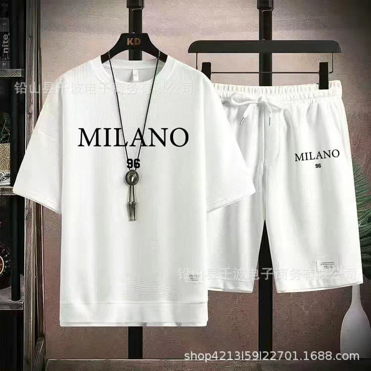 Waffle casual suit men's summer Milan short-sleeved T-shirt men's set with sports trend suit