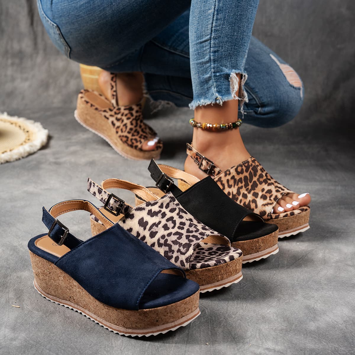 Large Size Leopard Print Platform Roman Sandals Cross-Border Europe and America 2025 Summer New Thick Sole Wedge Heel Sandals for Women