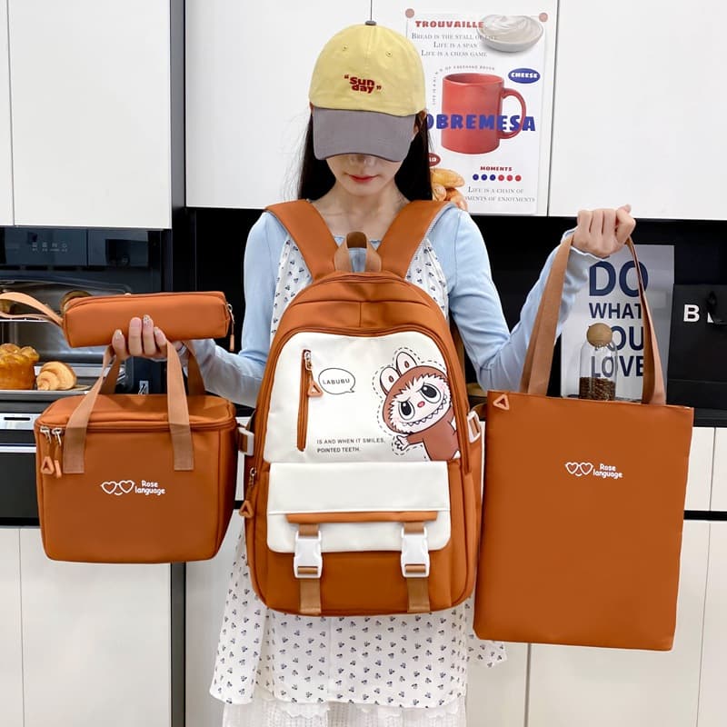 School Bag for Girls New Style Student Grades 5-6 Backpack Large Capacity Four-Piece Set Tutoring Bag Spine Protection